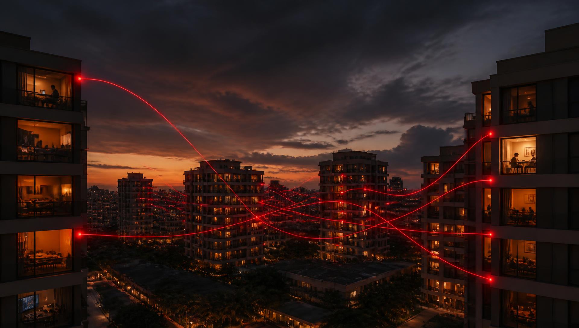 Condomínio moderno ao entardecer com apartamentos iluminados e conectados pela rede Neon