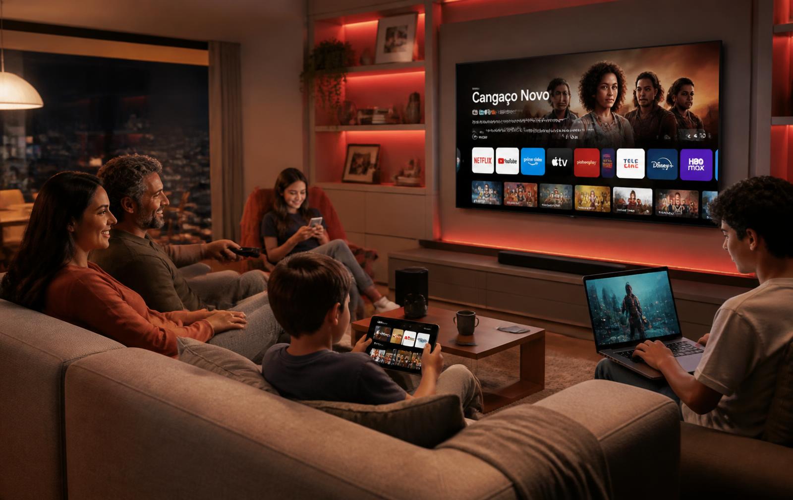 Família assistindo streaming em vários dispositivos conectados